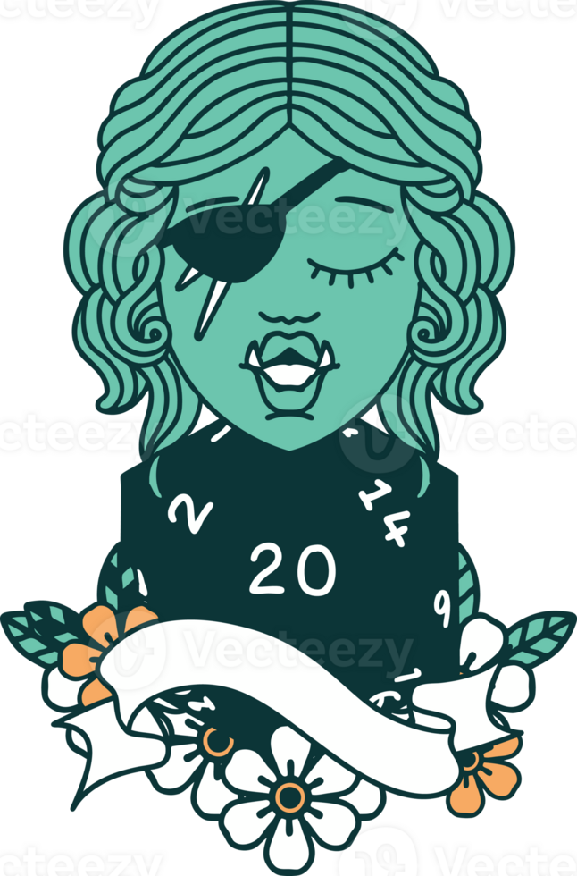 Retro Tattoo Style half orc rogue with natural twenty dice roll png