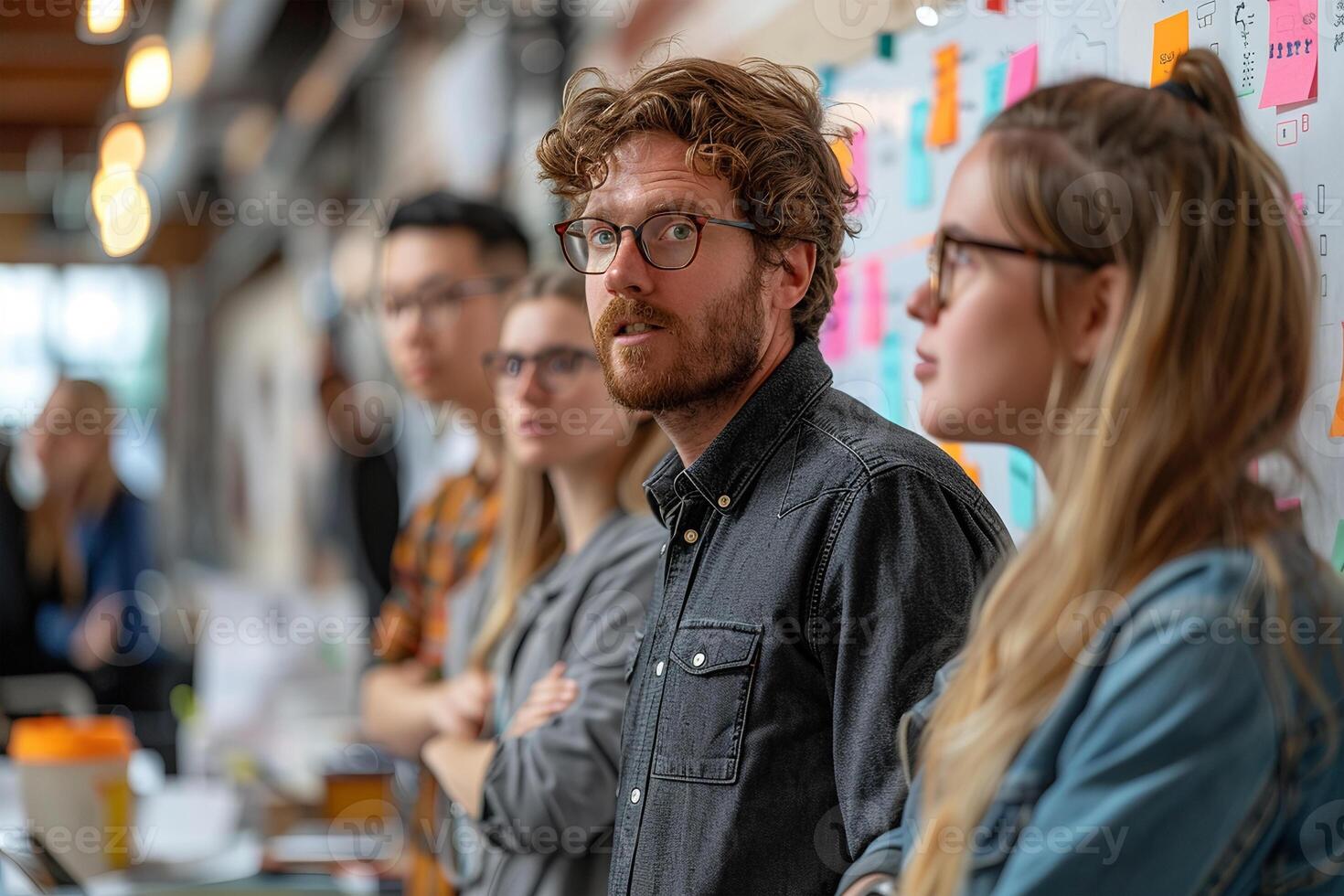 AI generated Focused team members evaluating ideas in brainstorming session. photo