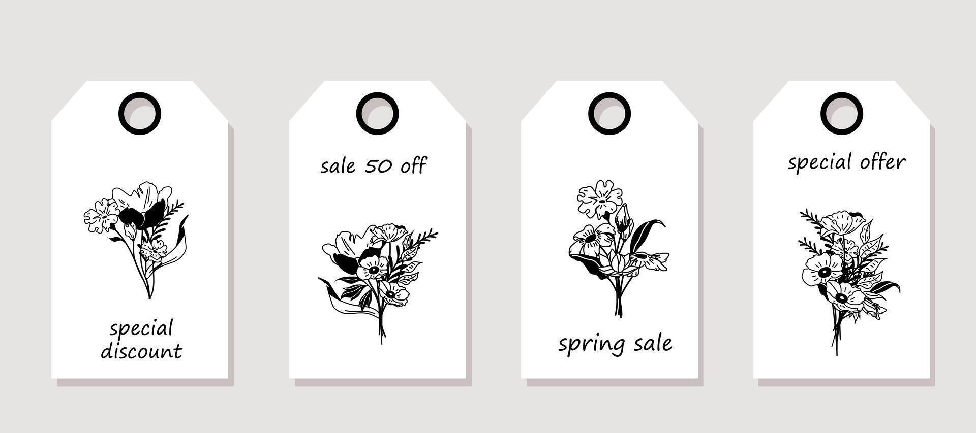 Vector set of discount price tags. Labels with Line art of Bouquets. Spring sale.
