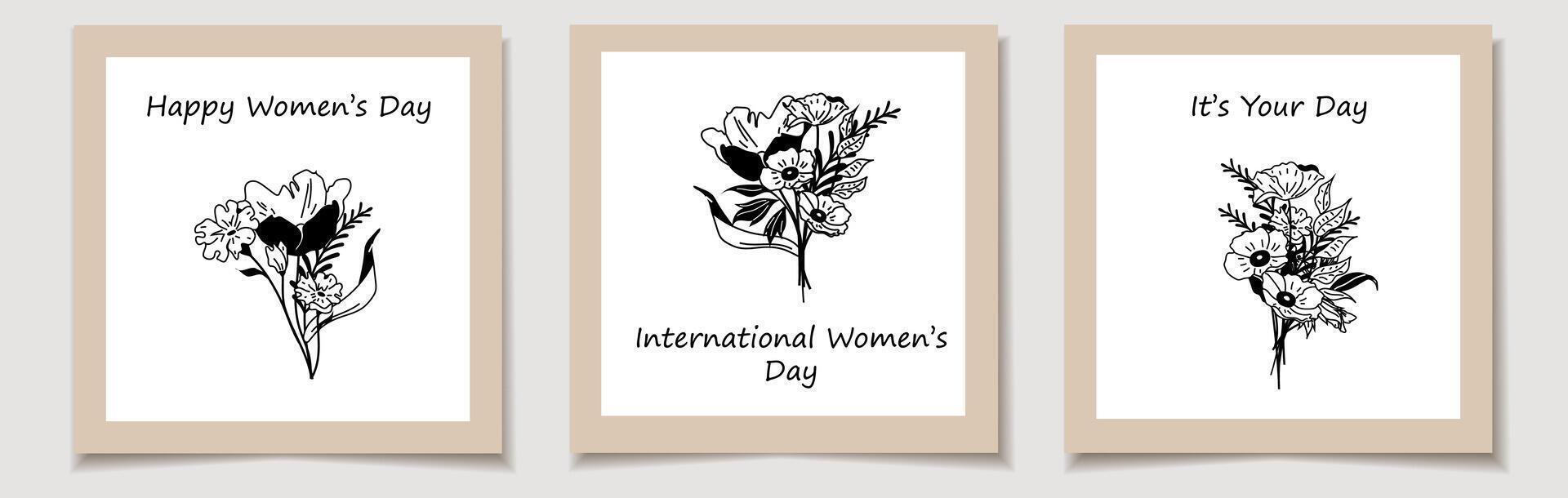 internacional De las mujeres día. un conjunto de saludo tarjetas con línea Arte de ramos de flores de moda botánico elementos. salvaje flores y hojas vector