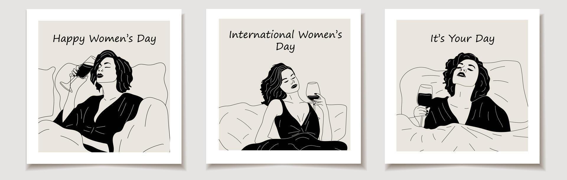 International Women's Day. A set of greeting cards with women drink a glass of wine in bed vector