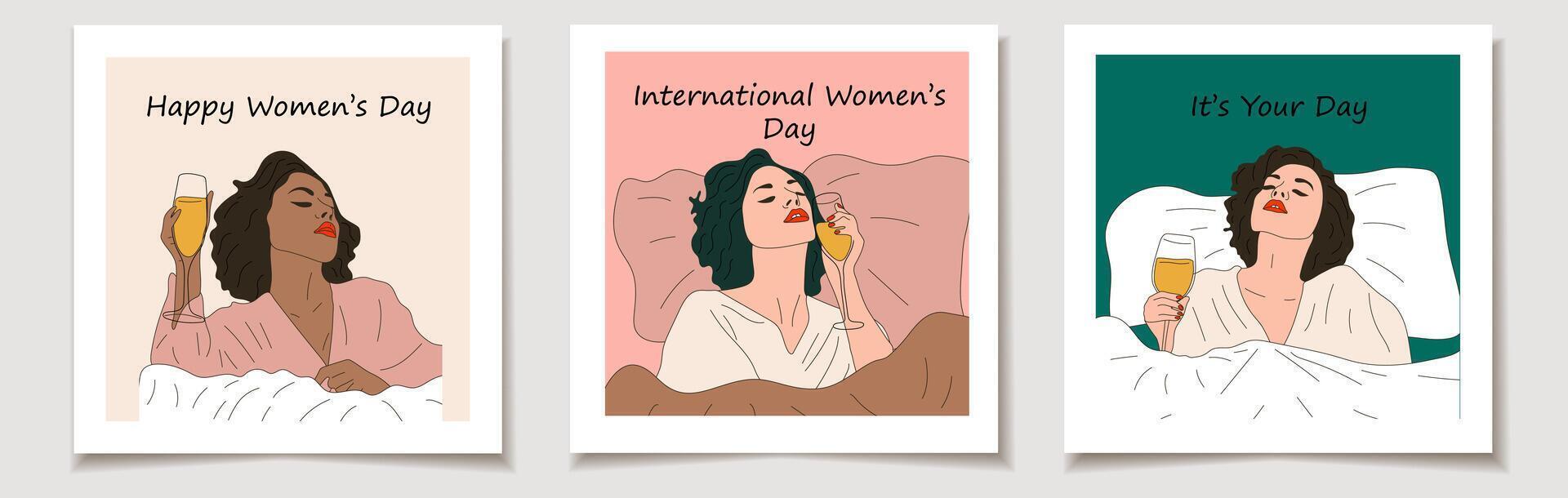 internacional De las mujeres día. un conjunto de saludo tarjetas con mujer bebida un vaso de vino en cama vector