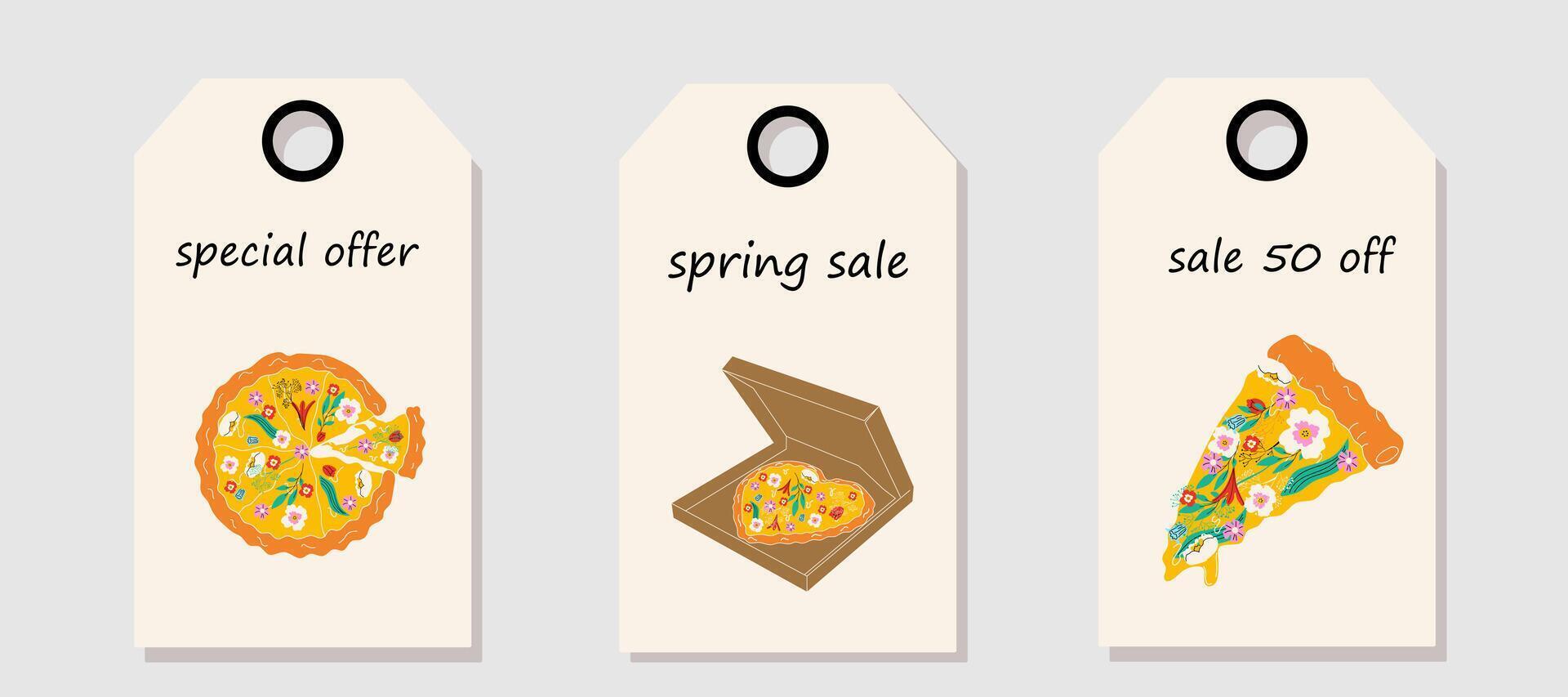 Vector set of discount price tags. Labels with Pizza with different flowers. Spring pizza. Spring sale.