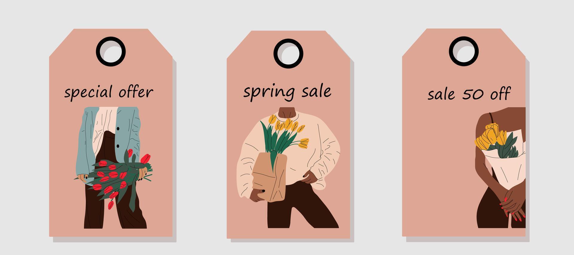 Vector set of discount price tags. Labels with  Nude woman with flowers growing from chest. Spring sale.