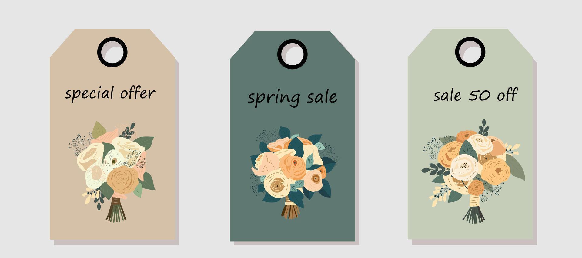 Vector set of discount price tags. Labels with bouquet. Spring sale.