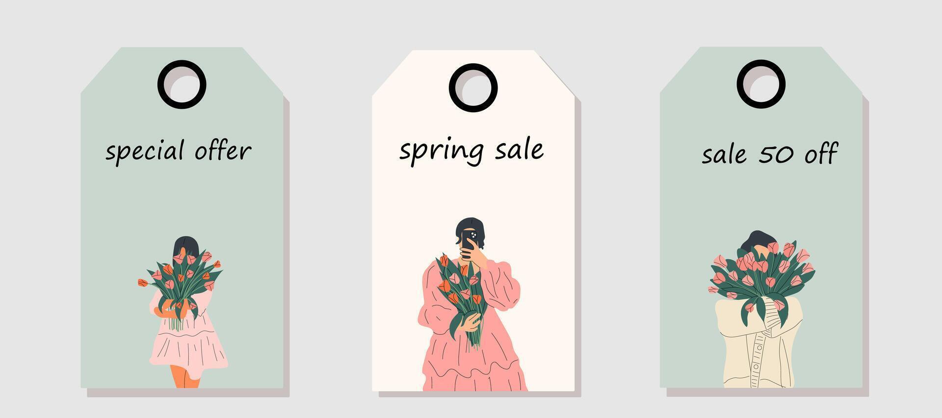 Vector set of discount price tags. Labels with woman is holding a bouquet of tulips. Femininity, feminism, prosperity and self love concept. Spring sale.