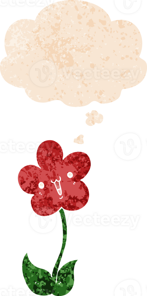 cartoon flower and thought bubble in retro textured style png