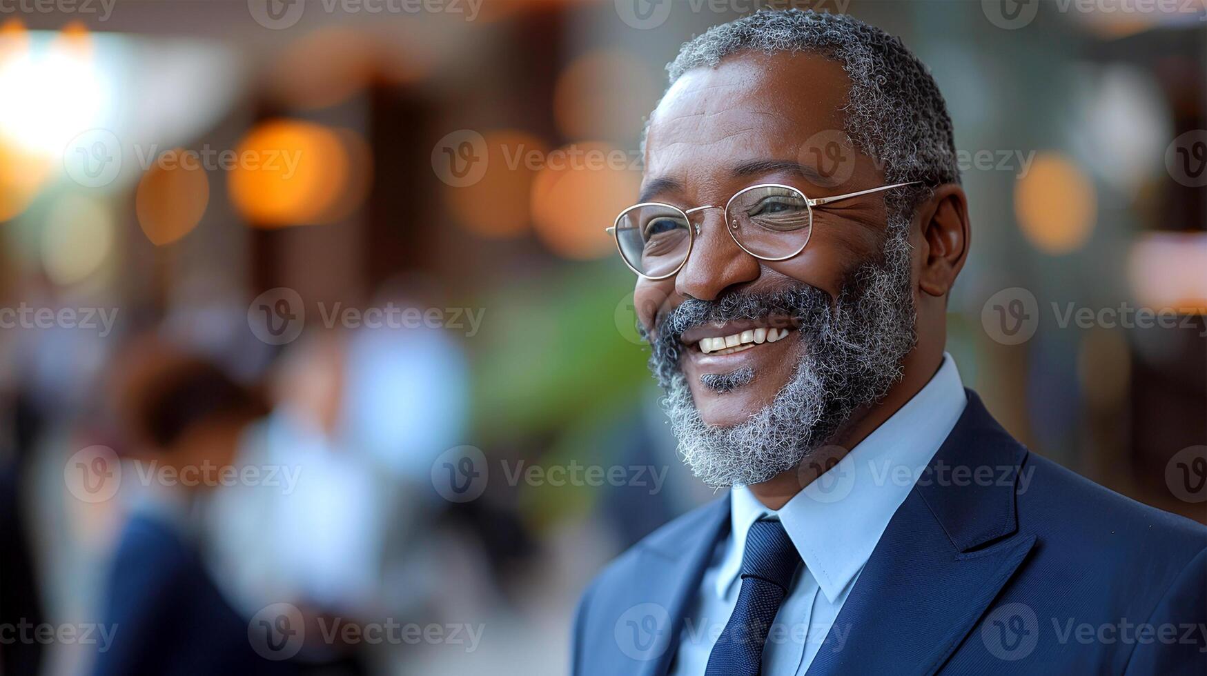 AI generated Senior African American Businessman Smiling in an Office Setting Radiating Confidence and Professionalism photo