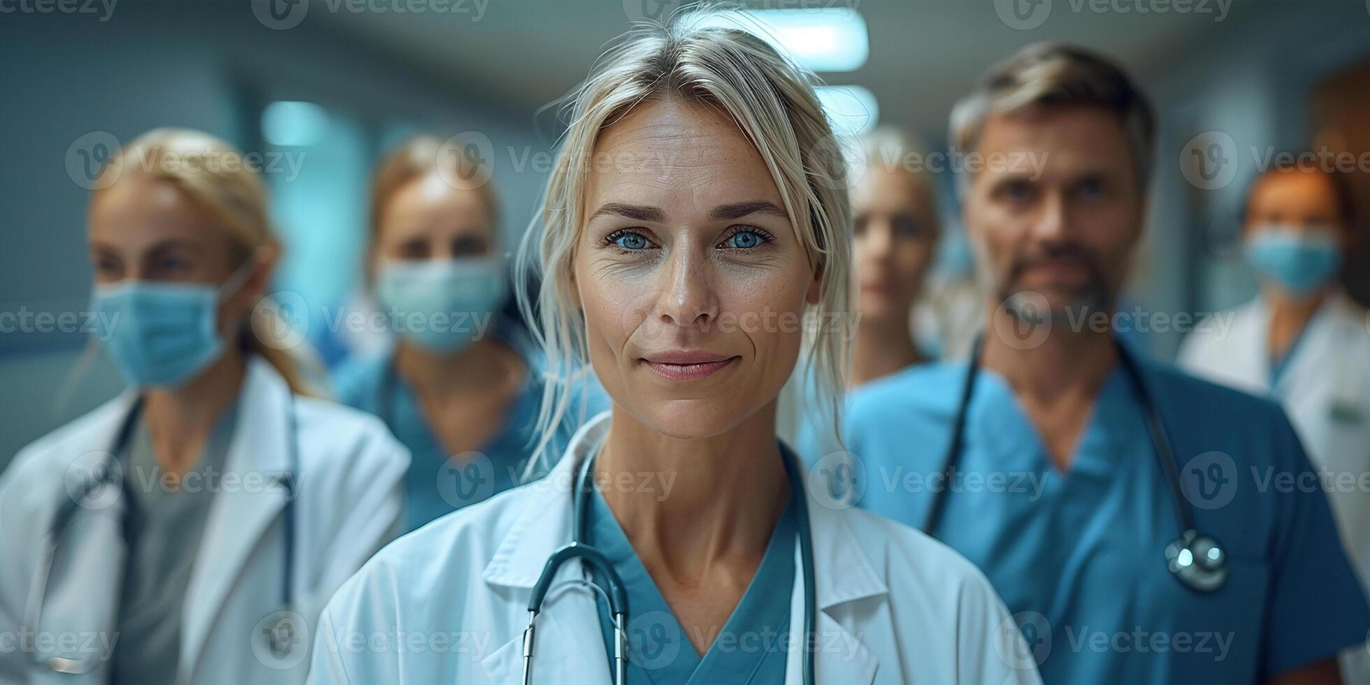 AI generated Professional Female Healthcare Leader in Front of a Team of Medical Experts photo