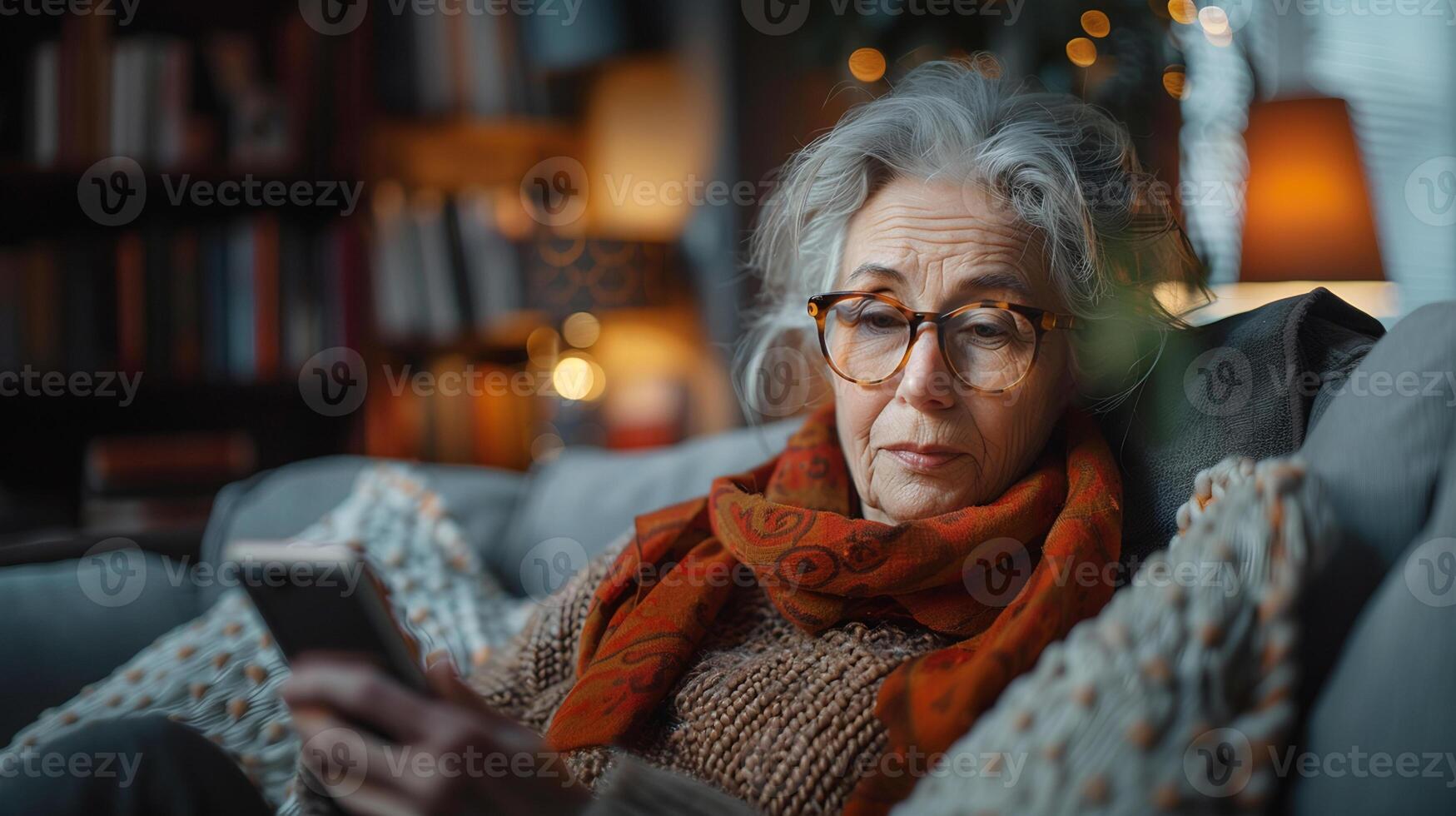 AI generated Thoughtful elderly woman reading on her smartphone at home. photo