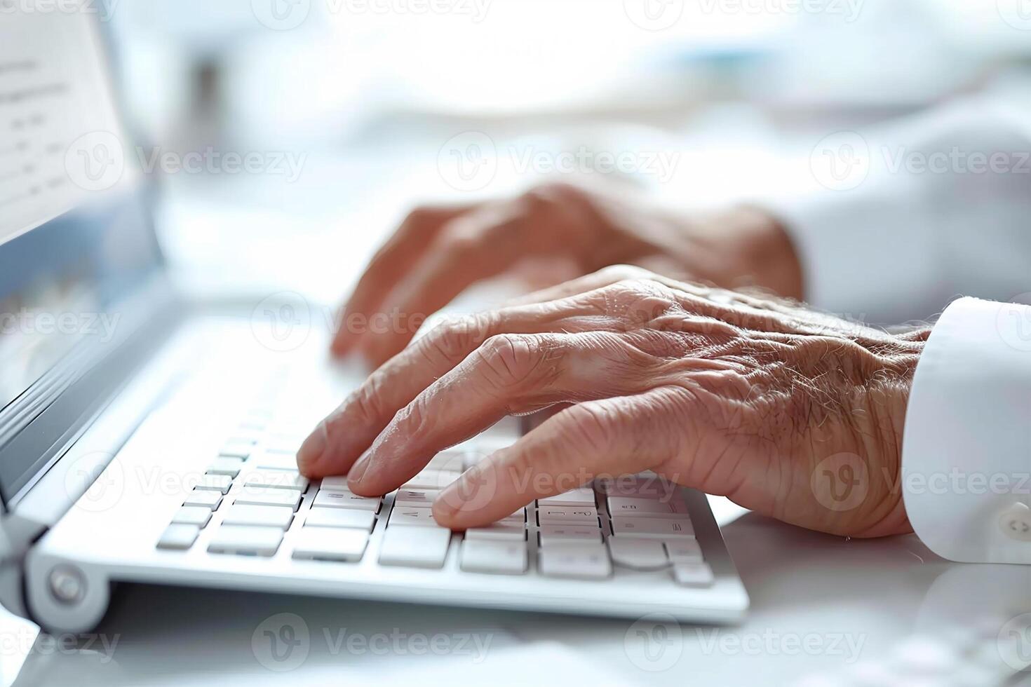 AI generated Elderly Hands Typing on Laptop Keyboard, Concept of Modern Technology Use photo