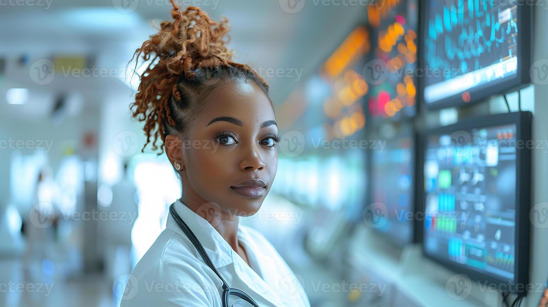 AI generated Confident Medical Professional in High-Tech Laboratory with Digital Data Screens photo