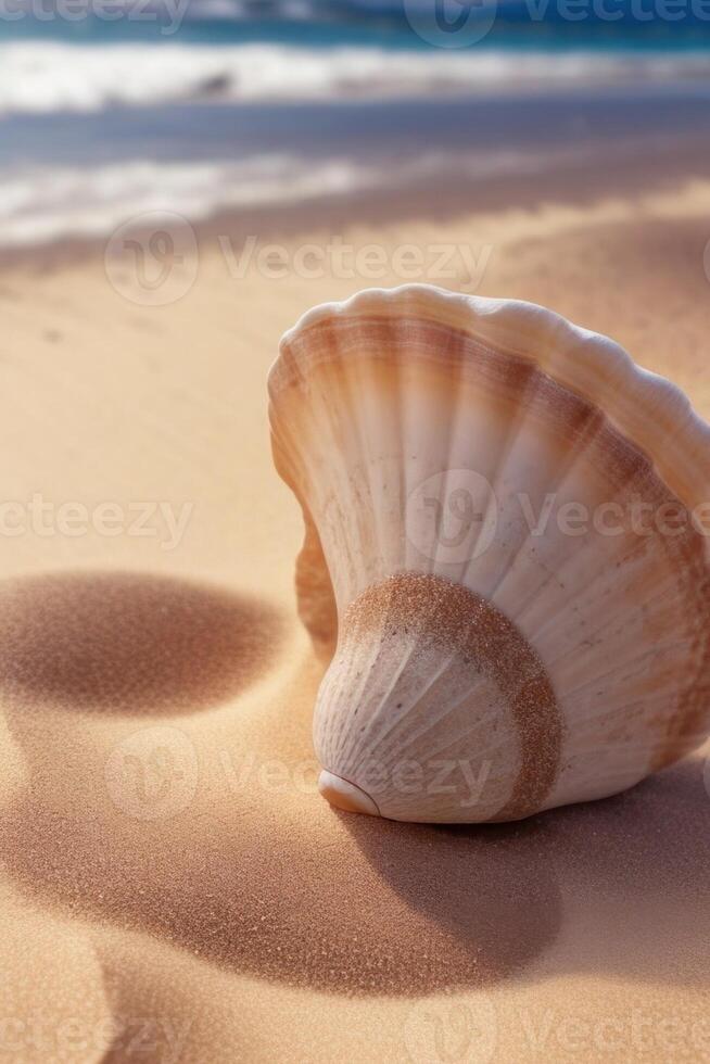 AI generated a shell on the sand with waves in the background photo