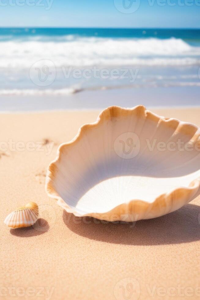 AI generated a shell on the sand with waves in the background photo