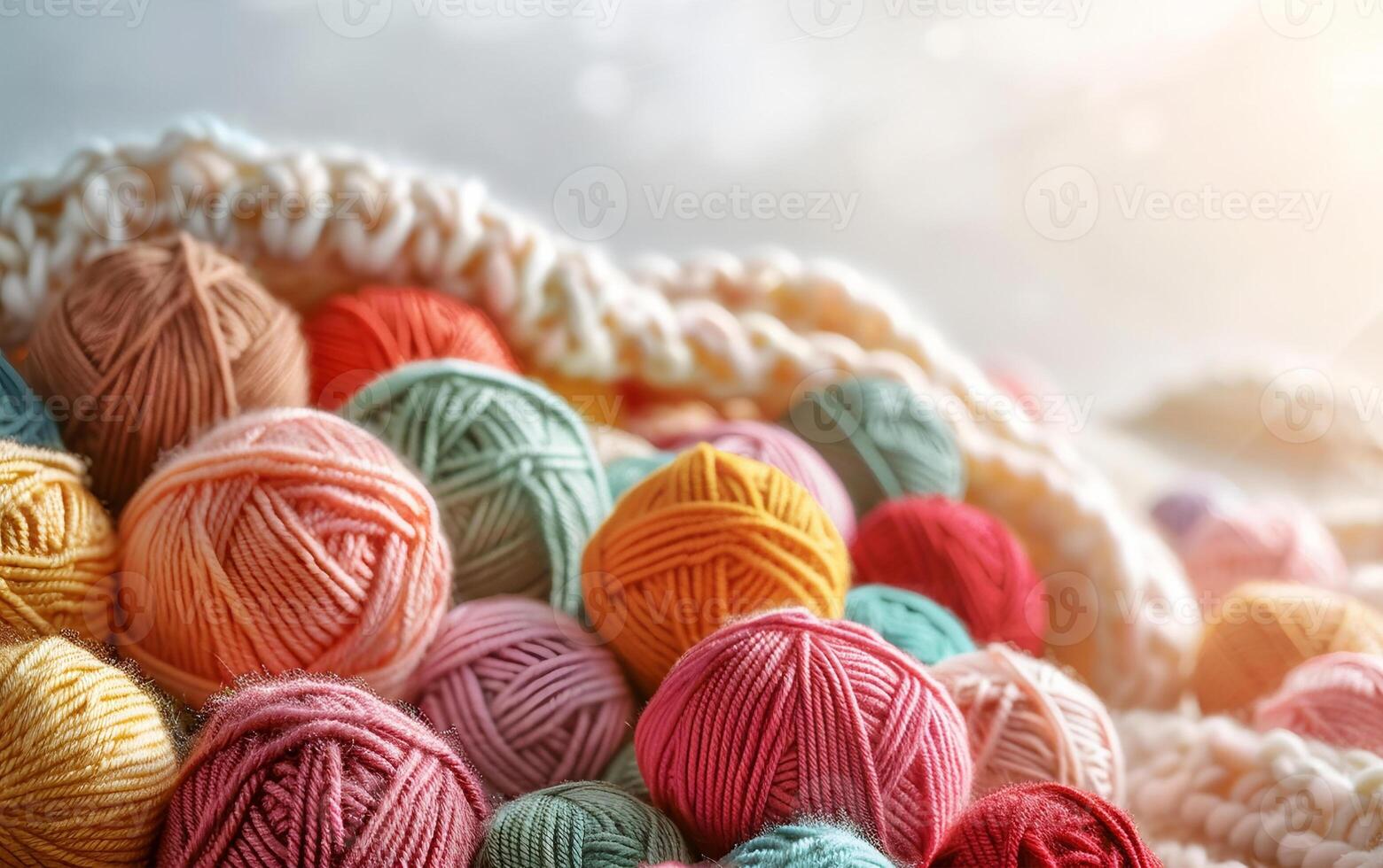AI generated A vibrant selection of colorful yarn balls rests on a knitted background, highlighting creativity in crafts. photo