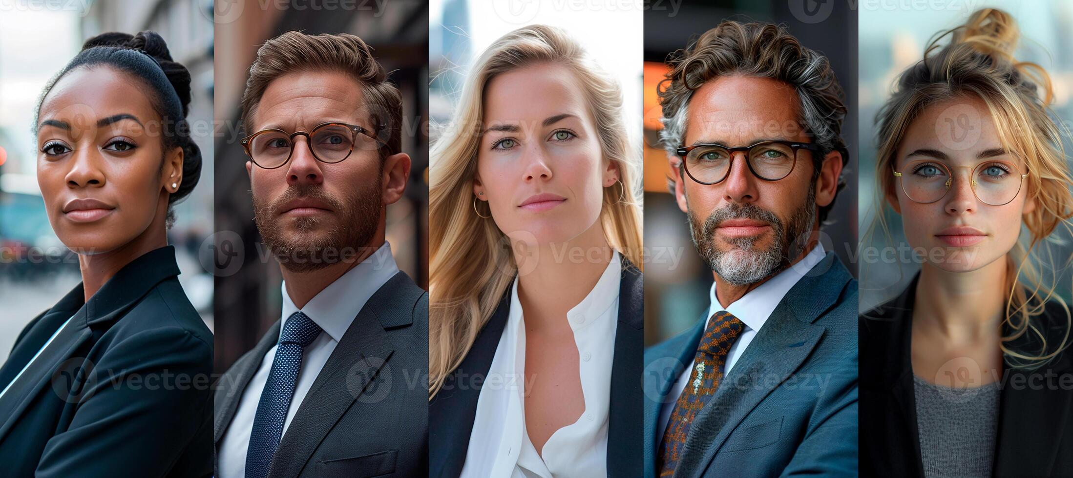 AI generated A composite image showcasing a multicultural group of professionals in formal business attire with confident expressions, set against an urban backdrop. photo