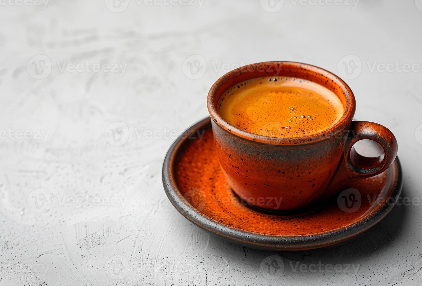 AI generated Rustic Ceramic Coffee Cup on Textured Table, Morning Beverage Concept photo
