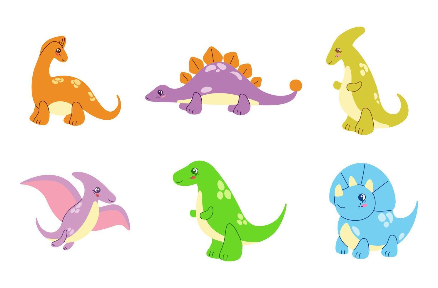 Set of cute colored dinosaur doodle. Hand drawn vector illustration in cartoon style isolated on white background.