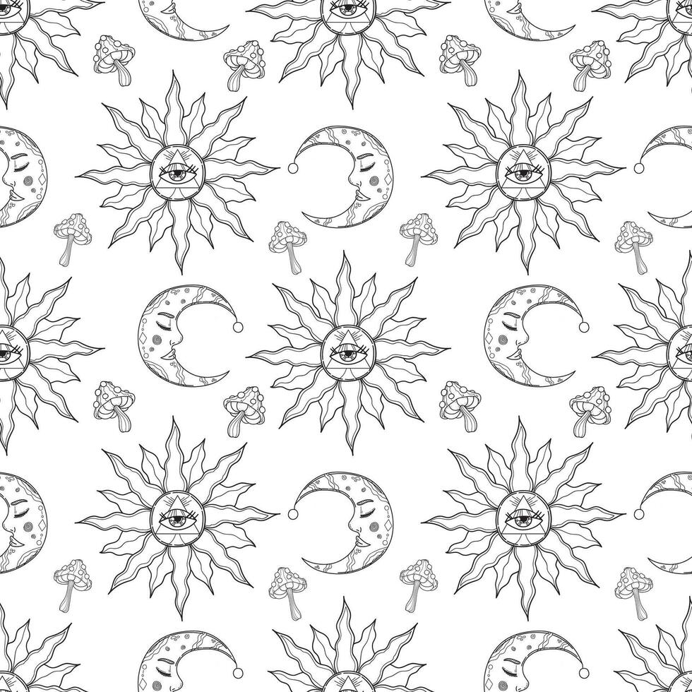 Seamless mystic pattern of crescent and sun with eye. Hand drawn line art on esoteric topic. Magic vector pattern wrapping paper on white background.