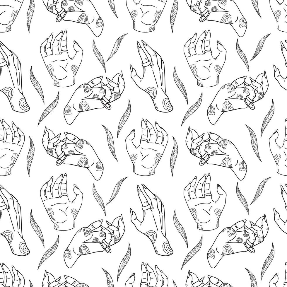 Mystical seamless pattern of witch hands surrounded by plants. Hand drawn magical doodle pattern for spiritual design. Vector illustration isolated on white background.