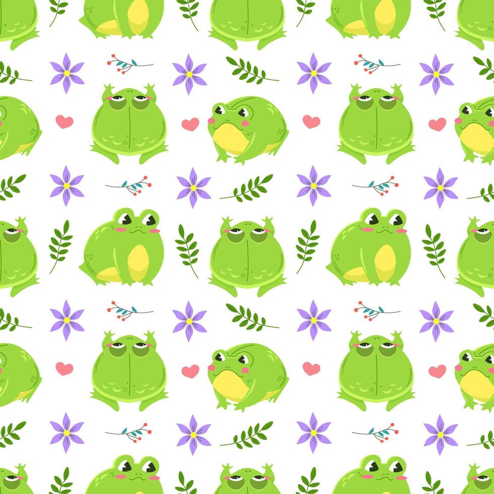 Seamless pattern of cute green frogs surrounded by spring flowers. Kawaii characters in cartoon style. Pattern wrapper on white background. vector