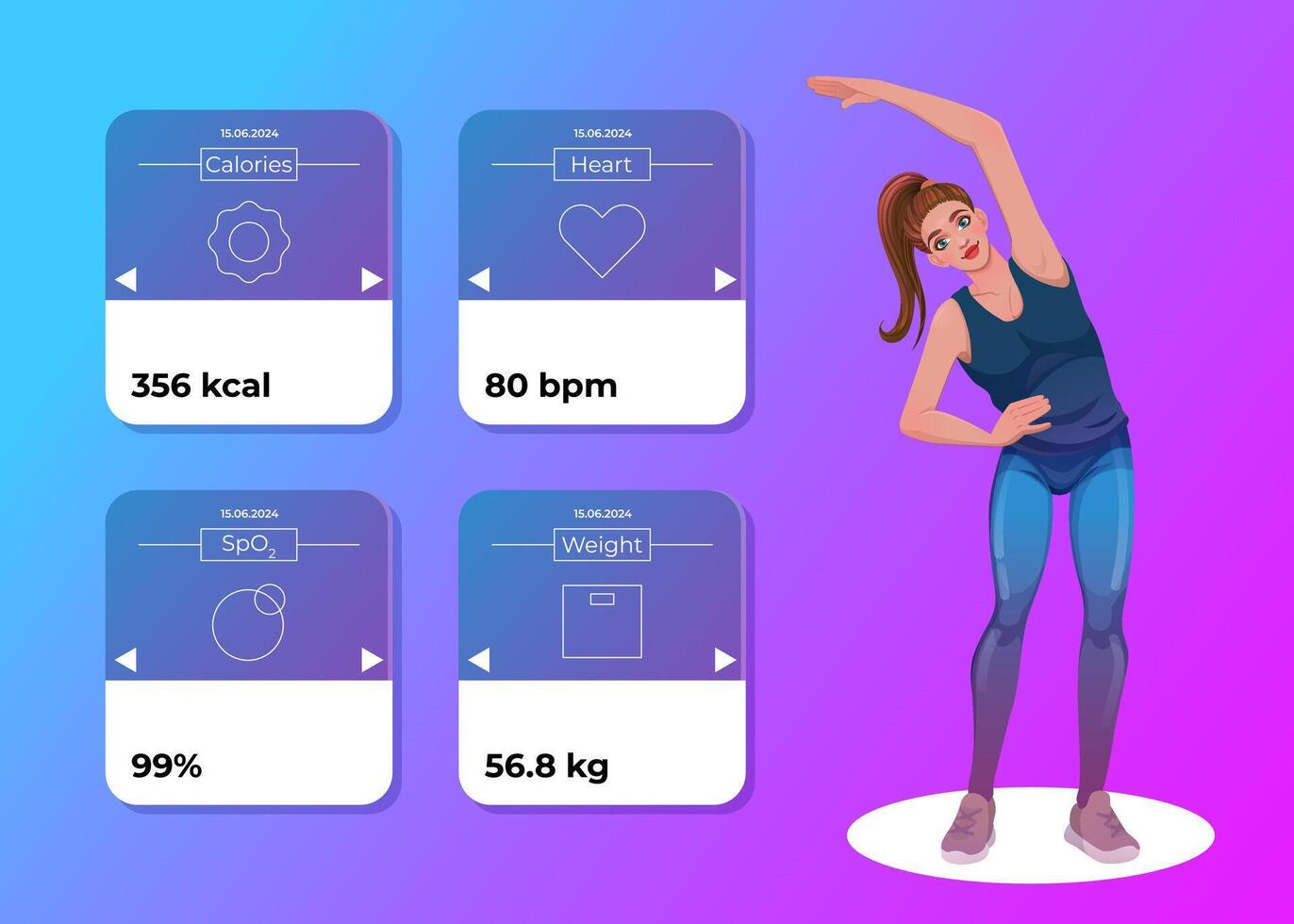 Activity fitness app for health concept with sporty woman in cartoon style. Web design and mobile template. Vector illustration.