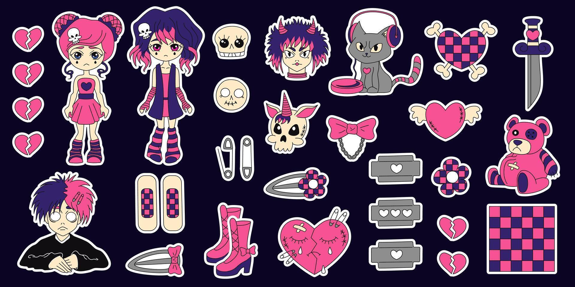 Y2k emo black pink stickers set. Girl, boy, kawaii bear, heart, tattoo and other elements in trendy emo goth 2000s style. Vector hand drawn. 90s, 00s aesthetic.