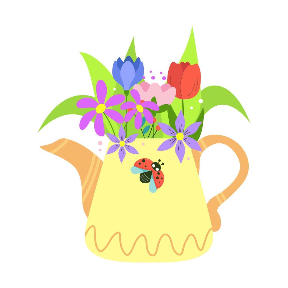 Vase with spring flowers. Multicolored blooming botanical element for designs. Flat vector illustration isolated on white background.