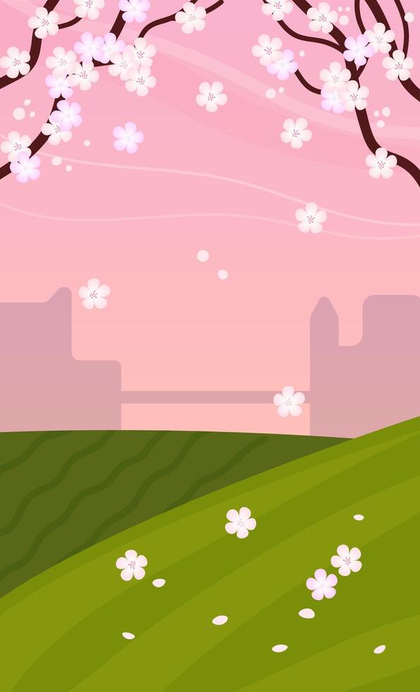 primavera vertical fondo, sakura floreciente paisaje en campo. hermosa ilustración modelo. vector