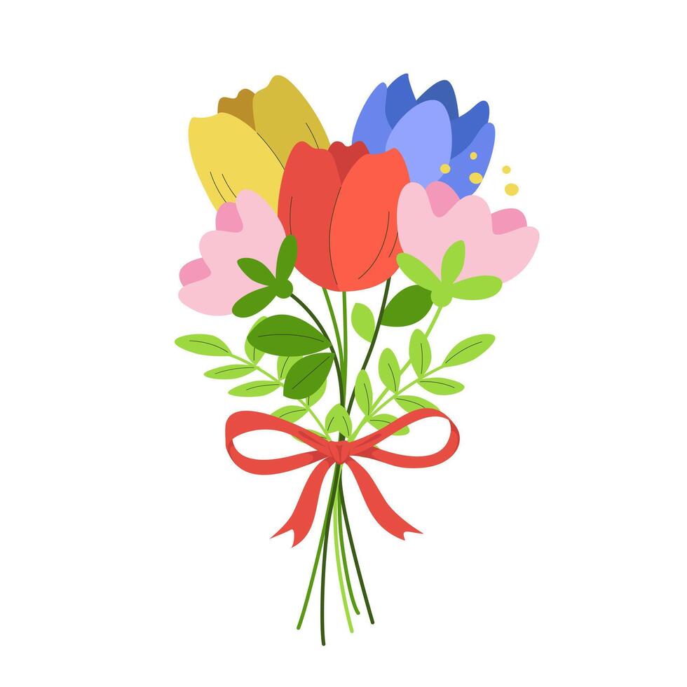 Beautiful spring flowers bouquet with bow, floral branches and green leaves. Multicolored blooming botanical element for designs. Flat vector illustration isolated on white background.