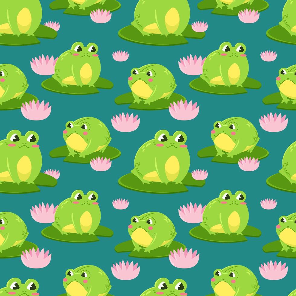 Seamless pattern of cute green frogs surrounded by water lily pads on lake. Kawaii characters in cartoon style. Pattern wrapper vector