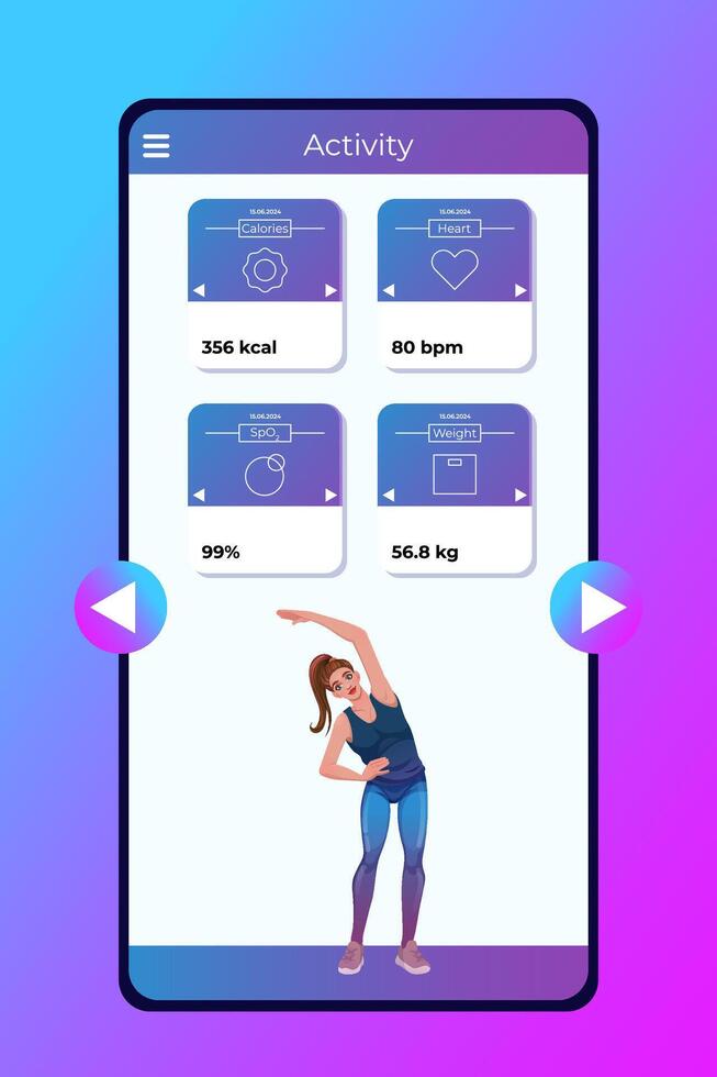actividad aptitud aplicación para salud concepto. teléfono inteligente pantalla con deportivo mujer en dibujos animados estilo. web diseño y móvil modelo. vector ilustración.