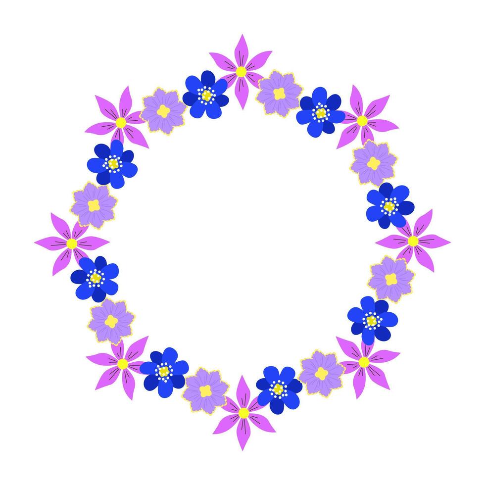 Beautiful floral frame, spring flowers bouquet. Multicolored blooming botanical element for designs. Flat vector illustration isolated on white background.