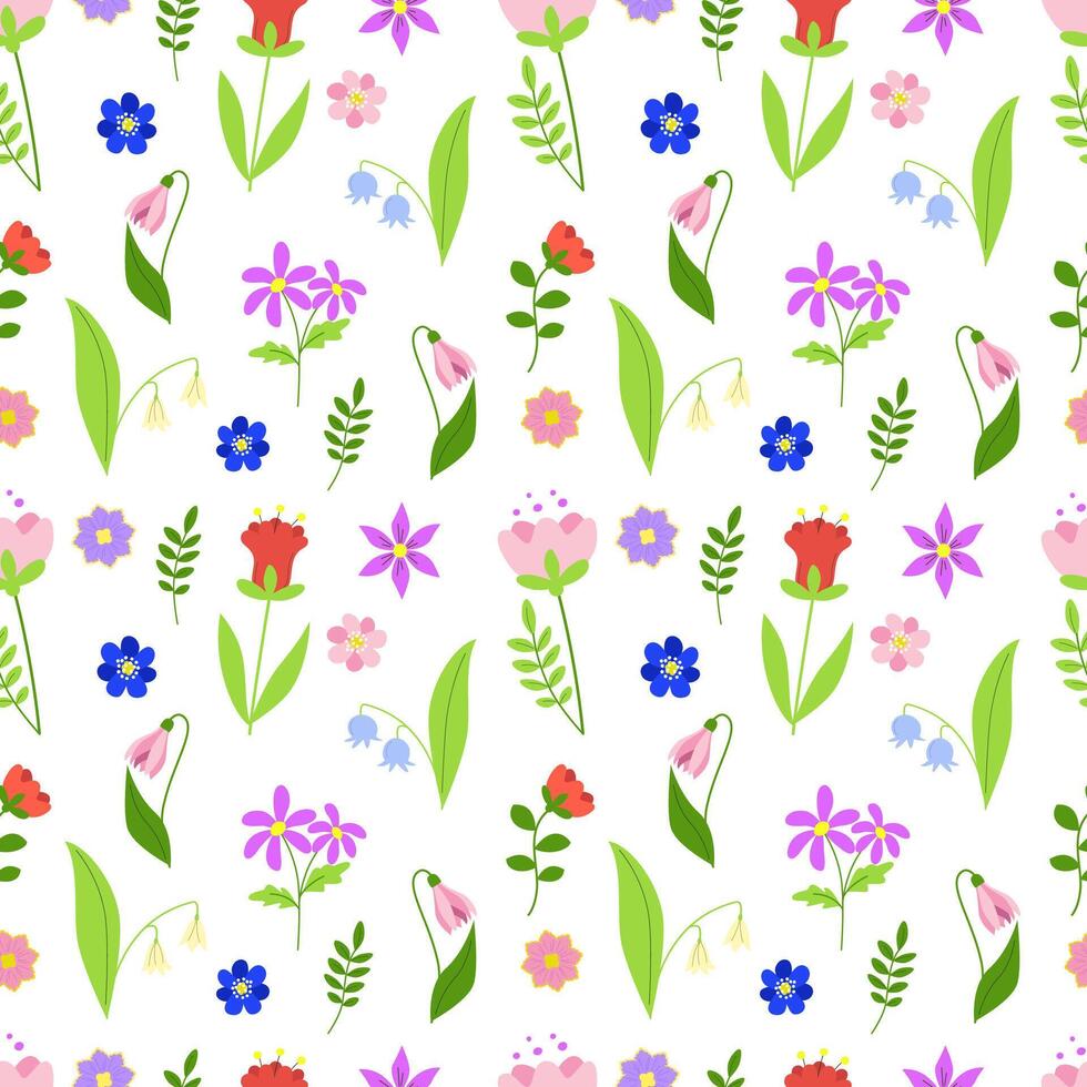 Seamless pattern of spring flowers, floral branches and green leaves. Multicolored blooming botanical ornament. Flat vector on white background.