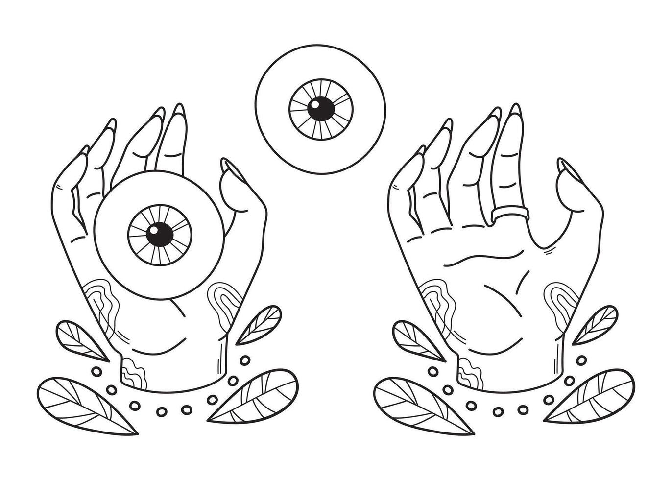 Mystical witch hand holds eye surrounded by plants. Hand drawn magical doodle element for spiritual design. Vector illustration isolated on white background.