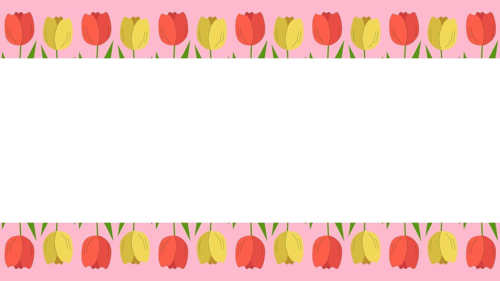 Beautiful spring background with tulips blooming. Template with copy space. Vector illustration, pink background.