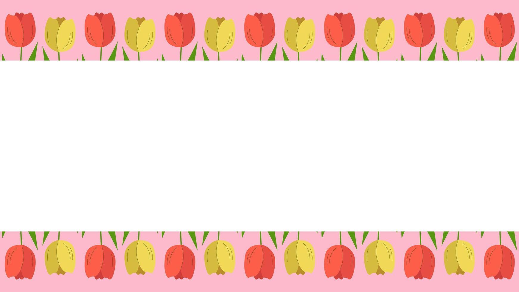 Beautiful spring background with tulips blooming. Template with copy space. Vector illustration, pink background.