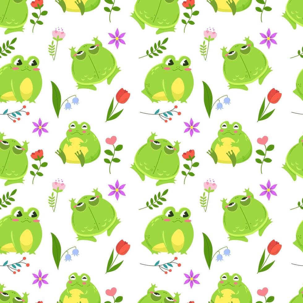 Seamless pattern of cute green frogs surrounded by spring flowers. Kawaii characters in cartoon style. Pattern wrapper on white background. vector