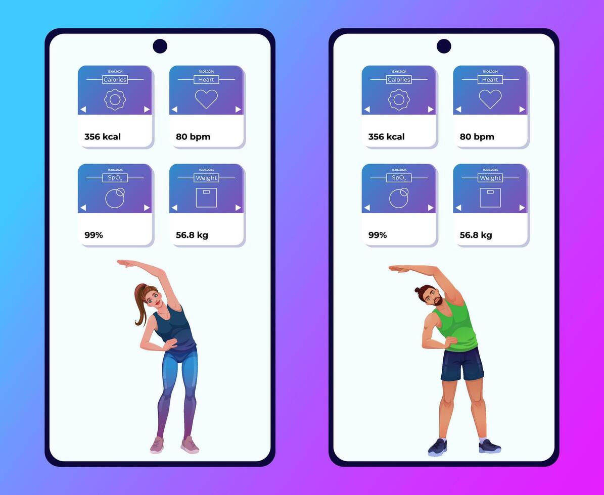 actividad aptitud aplicación para salud concepto. conjunto de teléfono inteligente pantallas con deportivo mujer y hombre en dibujos animados estilo. web diseño y móvil modelo. vector ilustración.