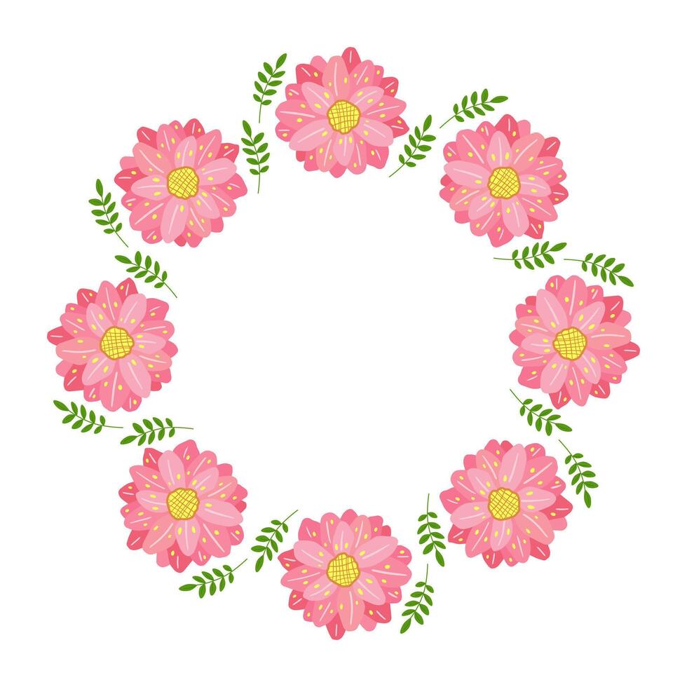 Beautiful floral frame, spring flowers bouquet. Multicolored blooming botanical element for designs. Flat vector illustration isolated on white background.