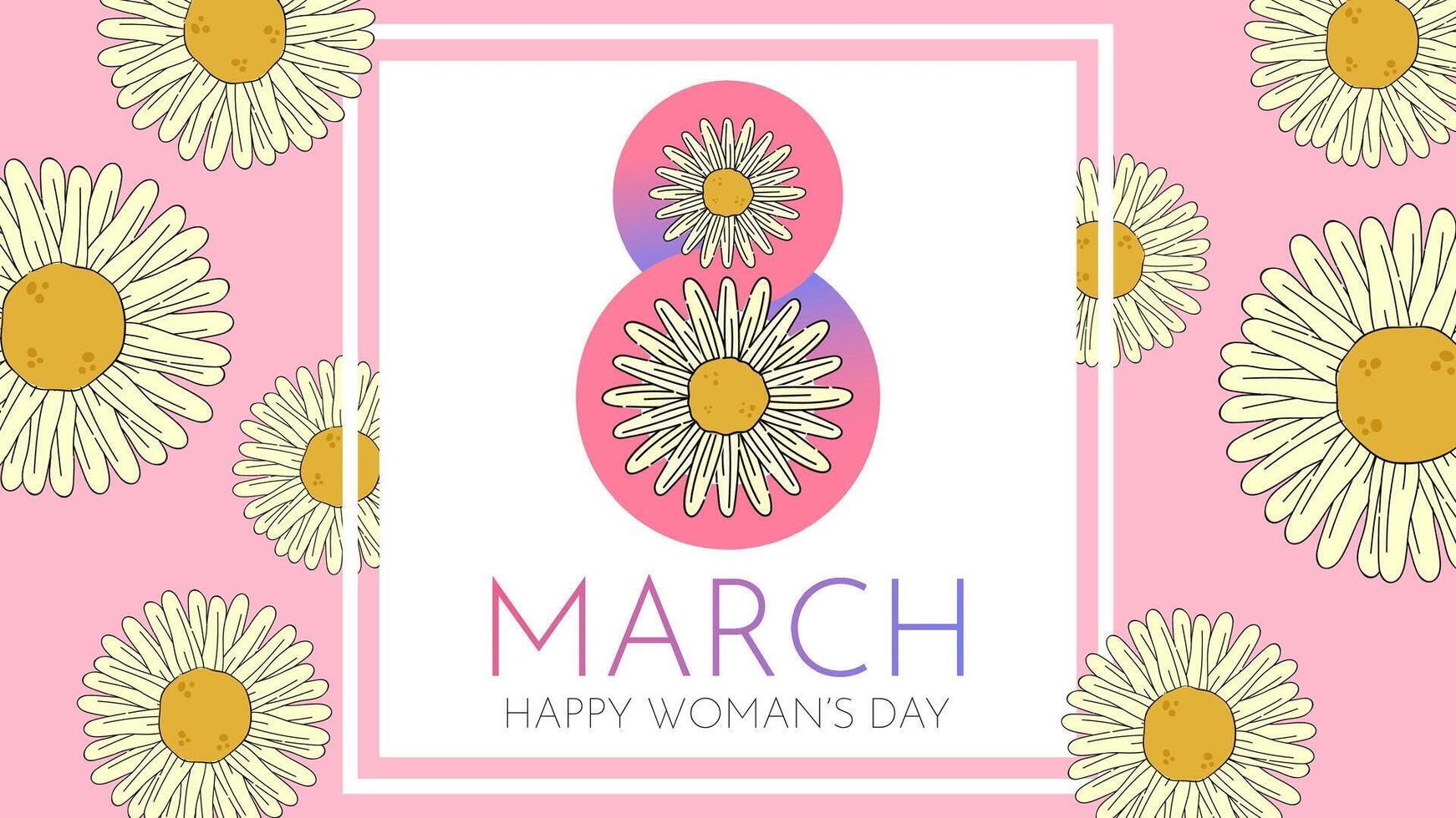 Banner for the International Women's Day. Flyer for March 8 with the decor of flowers. Template invitations with the number 8 with daisies. vector