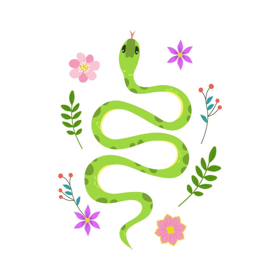 linda verde serpiente rodeado por primavera flores kawaii personaje en dibujos animados estilo parte superior vista. ilustración aislado en blanco antecedentes. vector