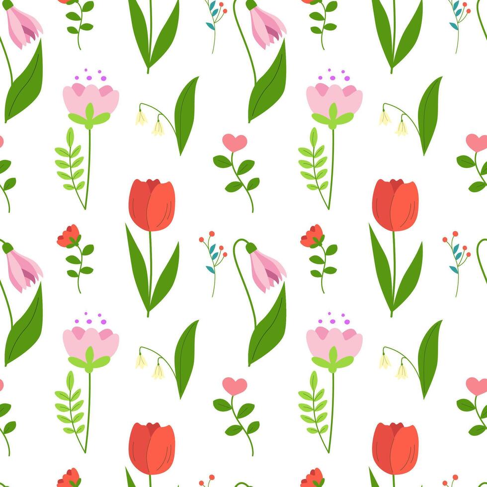 Seamless pattern of spring flowers, floral branches and green leaves. Multicolored blooming botanical ornament. Flat vector on white background.