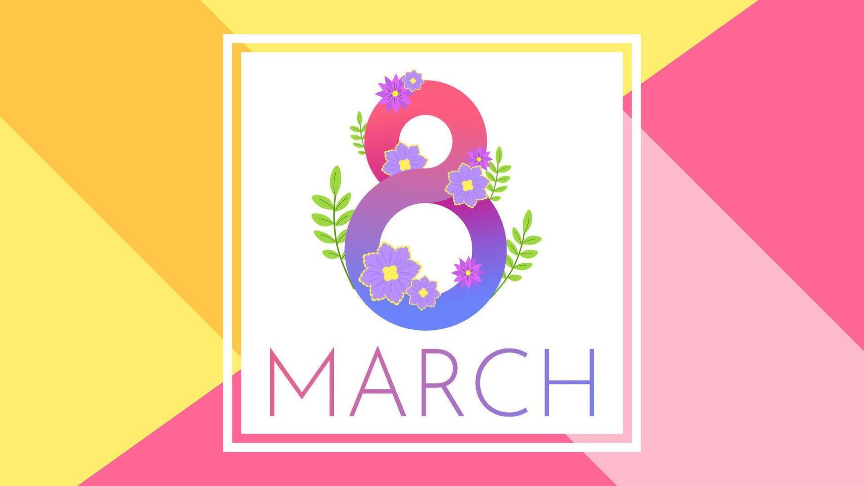 Banner for the International Women's Day. Flyer for March 8 with the decor of flowers. Template invitations with the number 8 with spring plants, leaves and flowers. vector