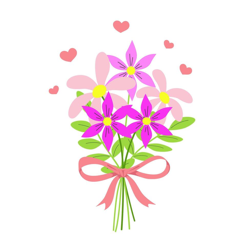 Beautiful spring flowers bouquet with bow, floral branches and green leaves. Multicolored blooming botanical element for designs. Flat vector illustration isolated on white background.