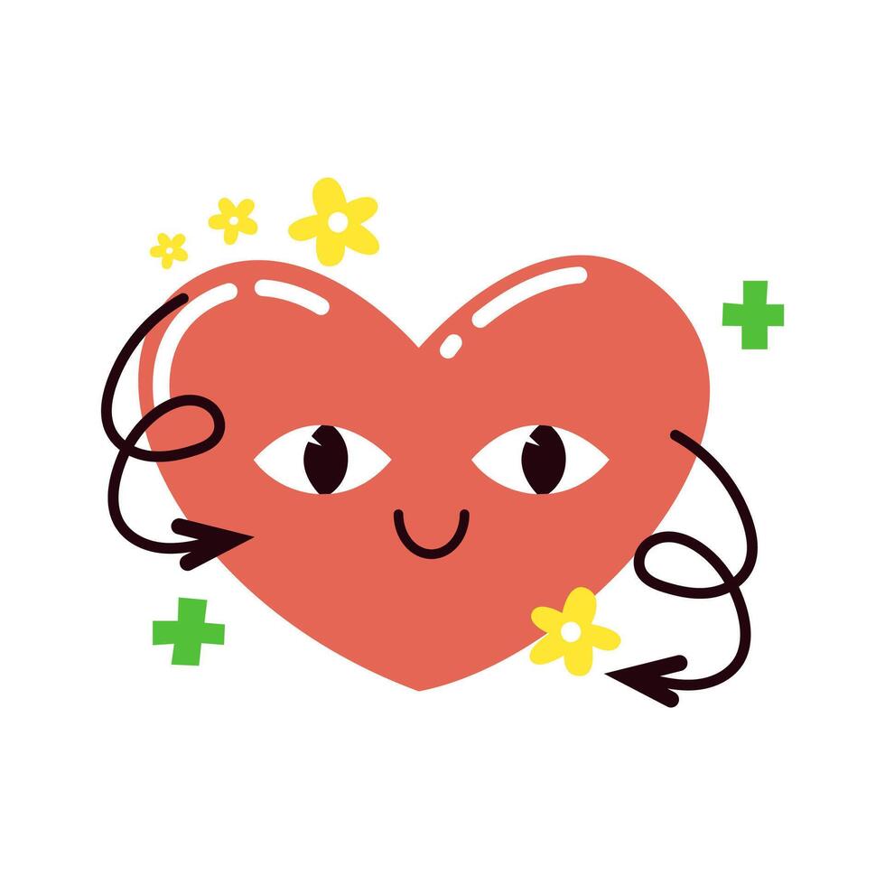 Groovy lovely heart sticker. Love concept. Funky happy heart character in trendy retro 60s 70s style. Vector illustration isolated.