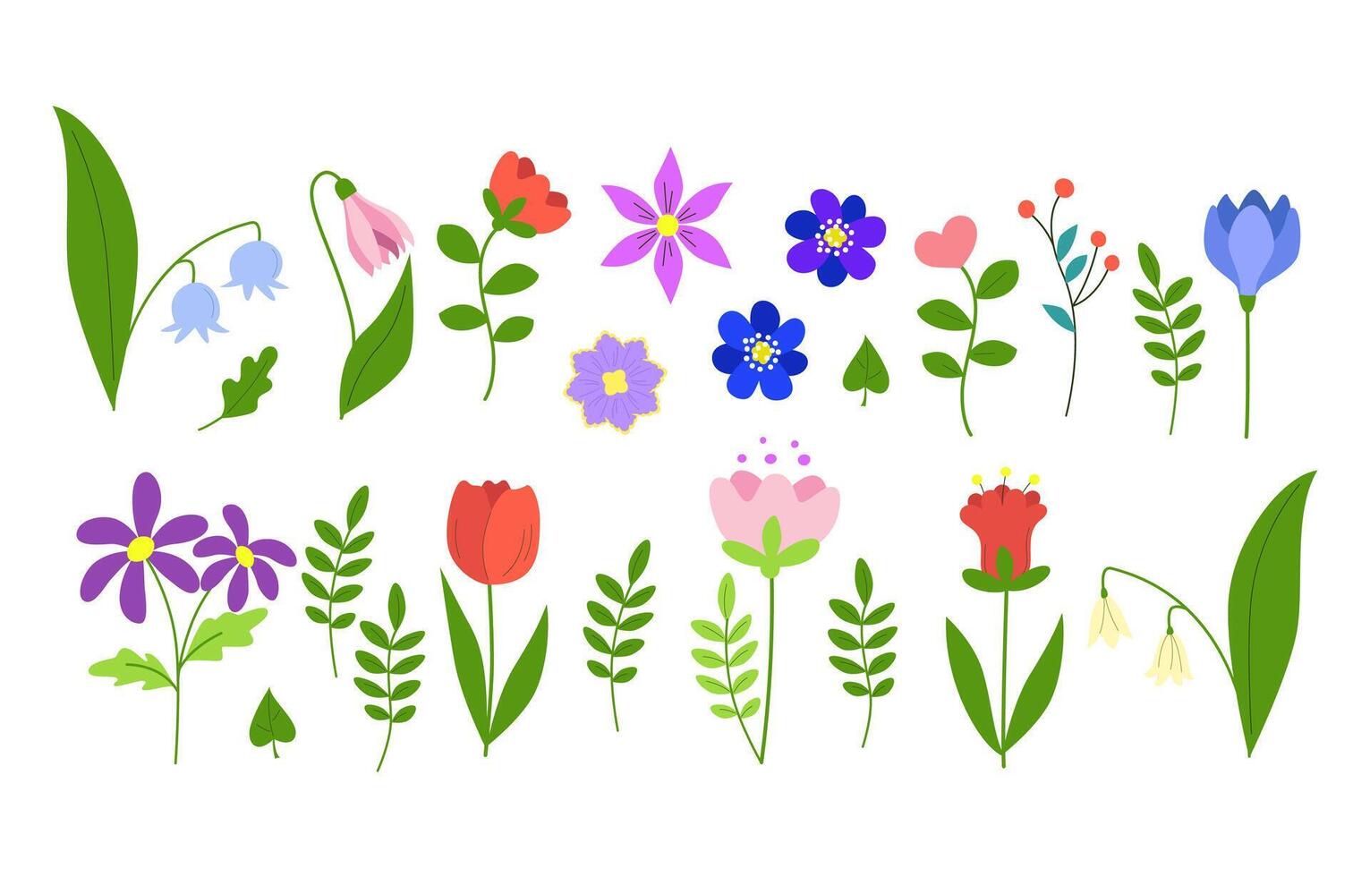 Set of spring flowers, floral branches and green leaves. Multicolored blooming botanical elements for designs. Flat vector illustration isolated on white background.