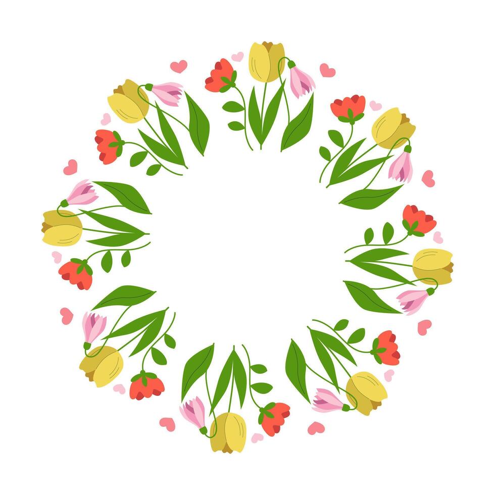 Beautiful floral frame, spring flowers bouquet. Multicolored blooming botanical element for designs. Flat vector illustration isolated on white background.