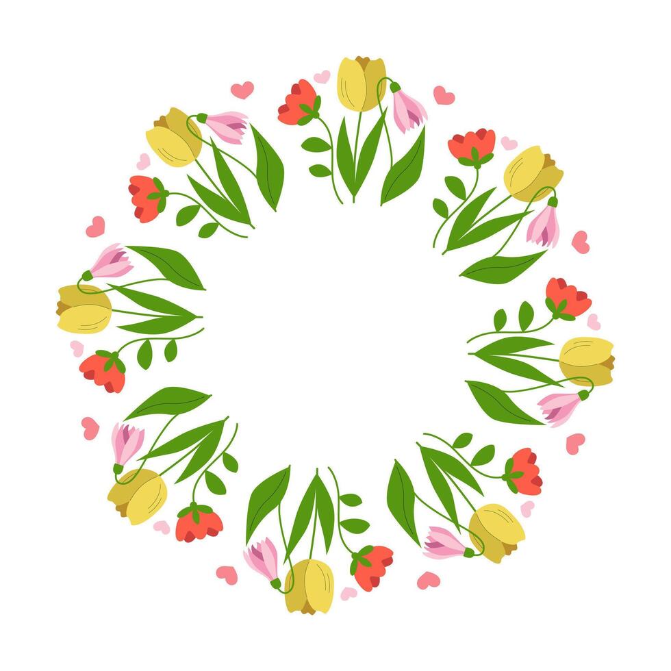 Beautiful floral frame, spring flowers bouquet. Multicolored blooming botanical element for designs. Flat vector illustration isolated on white background.