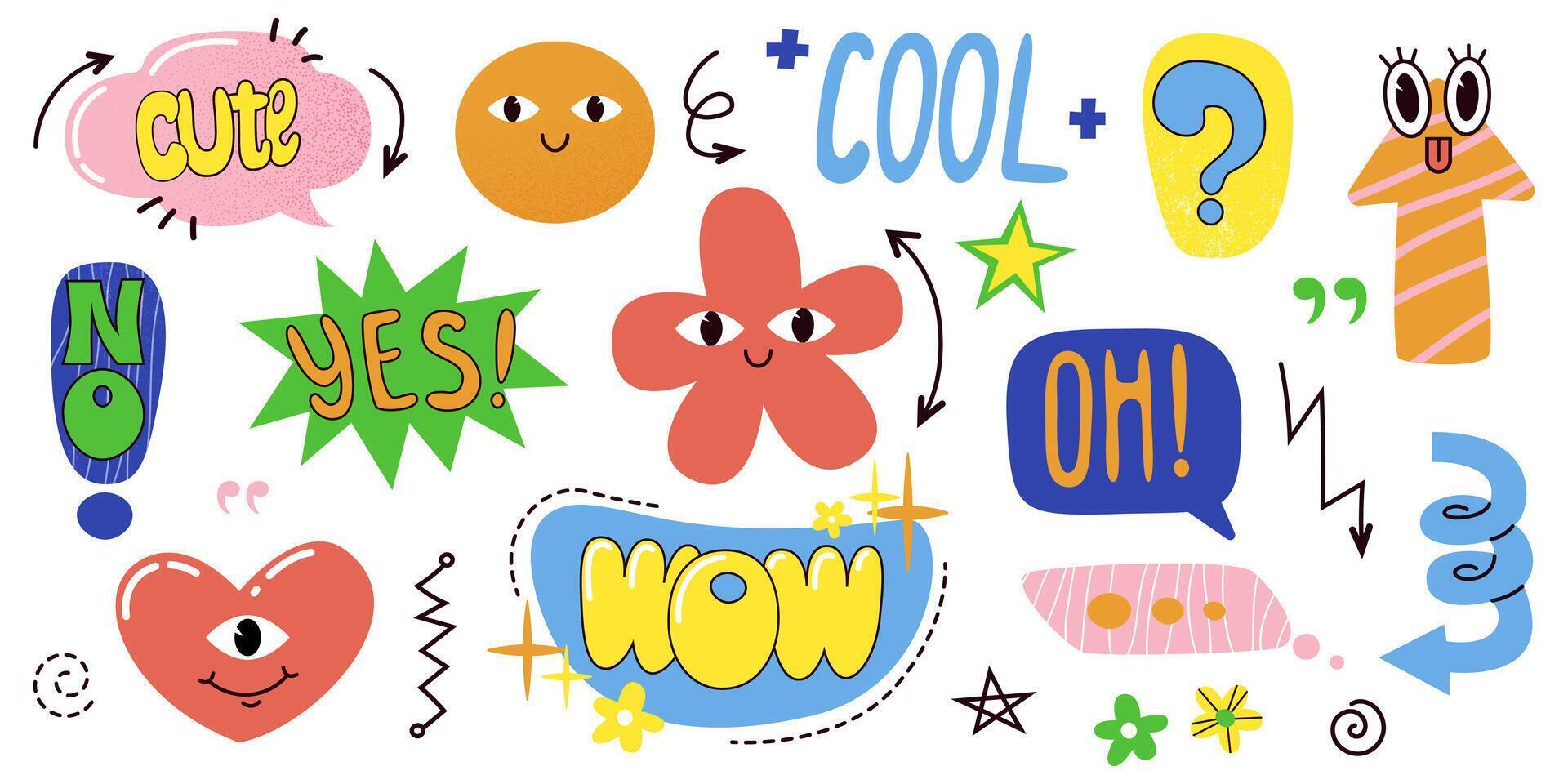Set of doodle. Collection of contemporary figure, speech bubble with text, arrow, heart in funky groovy style. Chat design element. Hand drawn vector illustrations isolated.